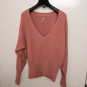 Free People Soft Pink Deep V-neck Cotton Sweater